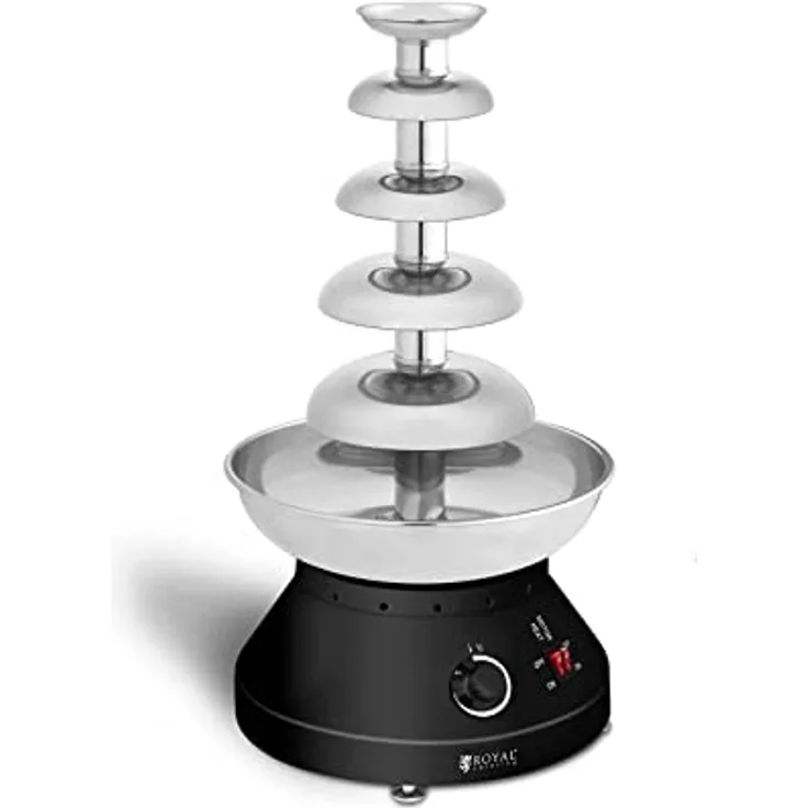 Royal Catering Schokobrunnen Schokofondue Schokoladenfontäne Edelstahl RCCF-210 (250 W, 5 Etagen, 30-110 °C, 4 L Kapazität, 10-12 h Arbeitszyklus)