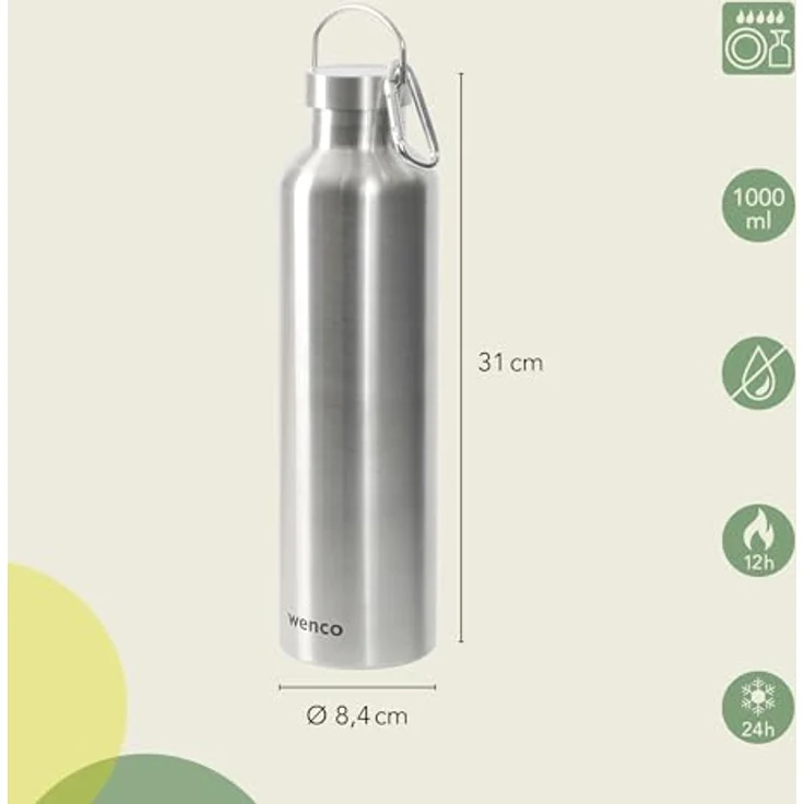 wenco Edelstahl Trinkflasche 1l, isoliert und auslaufsicher für kalte und heiße Getränke, mit Teesieb, BPA-frei, silber – Bild 3