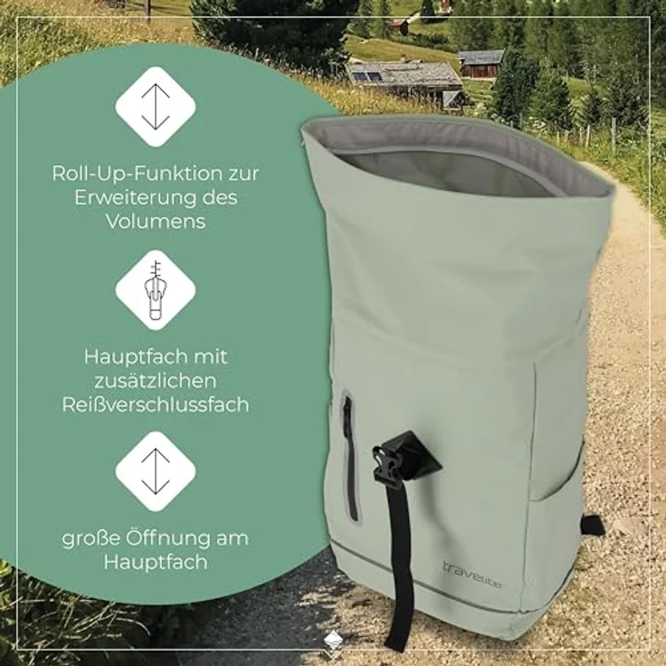 travelite BASICS Roll-Up Rucksack, wasserdichter Freizeitrucksack mit atmungsaktiver Rückwand und reflektierenden Applikationen, schwarz – Bild 6