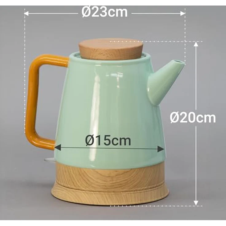 Kvota Elektrischer Keramik Wasserkocher 1,5 L mint/holz – mit echtem Holzdeckel, 360° drehbarem Sockel, LED-Betriebsanzeige, BPA-frei, Trockengehschutz, Retro Design – Bild 2