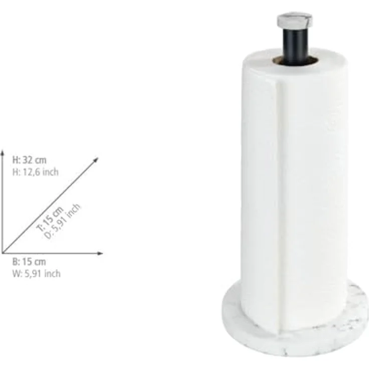 WENKO Küchenrollenhalter Marmor, stehender Halter für Küchenrollen in eleganter Marmor-Optik für die Küche, mit Boden aus Kunststoff und schwarzer Stange aus Metall, (B/T x H): Ø 15 x 32 cm, Weiß – Bild 6