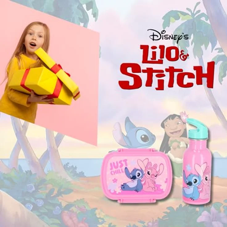 Lilo & Stitch Disney Stitch Brotdose mit Trinkflasche, 2-teiliges Lunchbox Set, rostfreier Stahl, rosa, ideal für Schule und Ausflüge – Bild 2