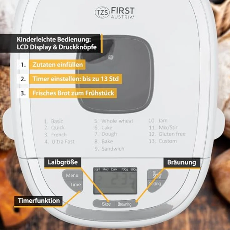TZS First Austria multifunktionaler Brotbackautomat |13 Programme|individuelle Teigmenge |einstellbare Bräunungsgrade|Timer |Warmhaltefunktion |automatische Abschaltung |inklusive Zubehör – Bild 2