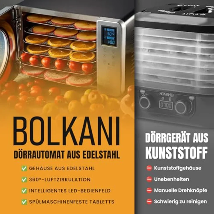 Bolkani Dörrautomat Edelstahl 500 W, Dehydrator mit Timer & Touchdisplay, 20–90 °C, 6 Edelstahlgitter, Tropfschale, leise Umluft, Innenbeleuchtung, BPA-frei – Bild 5