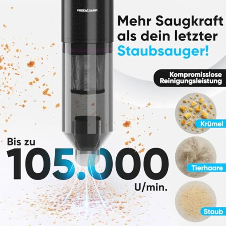 ProfiCare® Handstaubsauger PC AKS 3137, kabellos mit 2200mAh Akku, starker BLDC-Motor, beutellos und leise, ideal für Couch und Auto – Bild 5