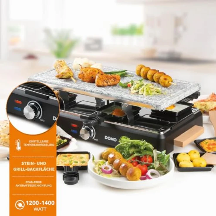 DOMO DO9262G Steingrill/Raclette-Grill, Holzdesign, 1400 W für 8 Personen, inklusive Raclettepfännchen und Holzspatel – Bild 2