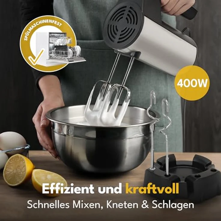 LEBENLANG 400W Handmixer mit 5 Stufen & Turbo, inkl. Standhalterung, ergonomischer Griff, Edelstahl-Rühr- und Knethaken, spülmaschinenfest – Bild 4