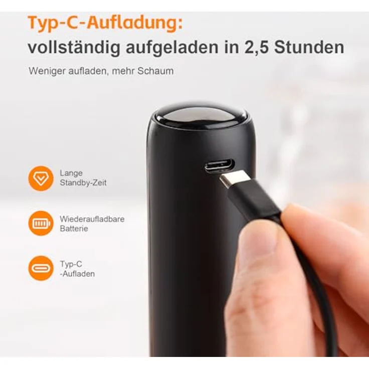 GRIFEMA Milchaufschäumer Elektrisch USB Aufladbar, Edelstahl Hand Milchschäumer mit Ein-Knopf-Bedienung und 500mAh Akku – Bild 4
