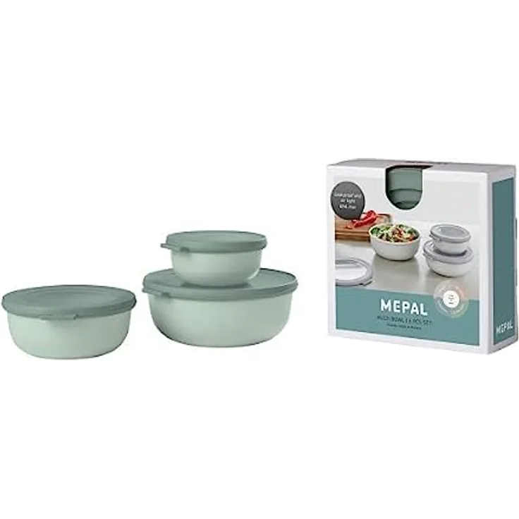 Mepal - Cirqula Multischüssel-Set 3–teilig rund Nordic sage – 350, 750 und 1250 ml – Verwendbar als Vorratdose, Kühlschrankdose, Gefrierdose, Mikrowellegeschirr & Servierschale mit Deckel