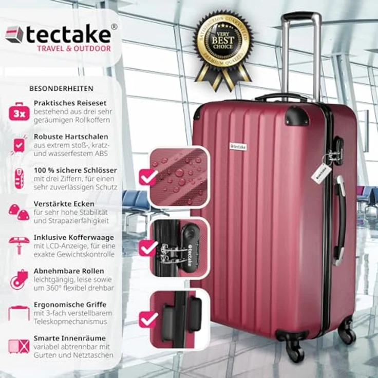 tectake® 3er Kofferset mit Kofferwaage & Kofferanhänger, ABS Hartschalenkoffer Set, Teleskopgriff - weinrot – Bild 2