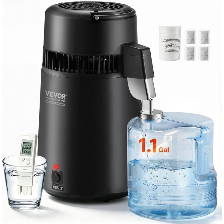 VEVOR Reinstwasser-Destillierer 4L, Edelstahl-Wasser-Destillation 750W mit Sammlungflasche für Büros und Haushalte, Schwarz