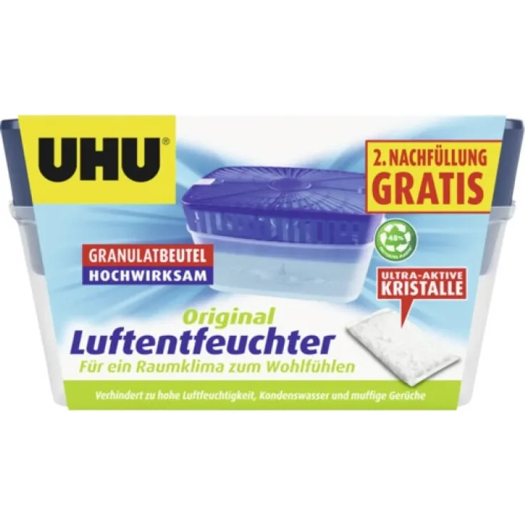 UHU Luftentfeuchter Original 1000g + gratis Nachfüller - verhindert Kondenswasser und muffige Gerüche - geruch- und lautlos - inkl. Wasserstands-Indikator, weiß