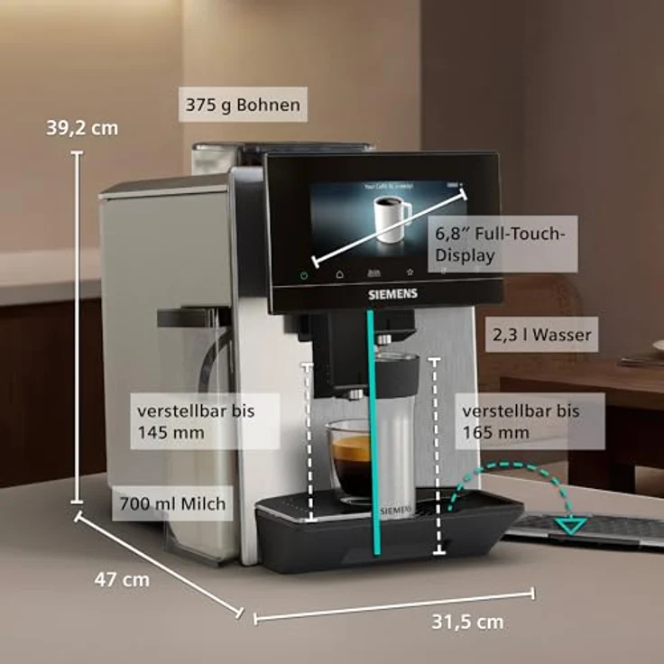 Siemens Kaffeevollautomat EQ900 iAroma, personalisierbare Einstellungen, präzises Mahlwerk, großes 6,8″ Full-Touch-Display, Silber, TQ923E03 – Bild 2