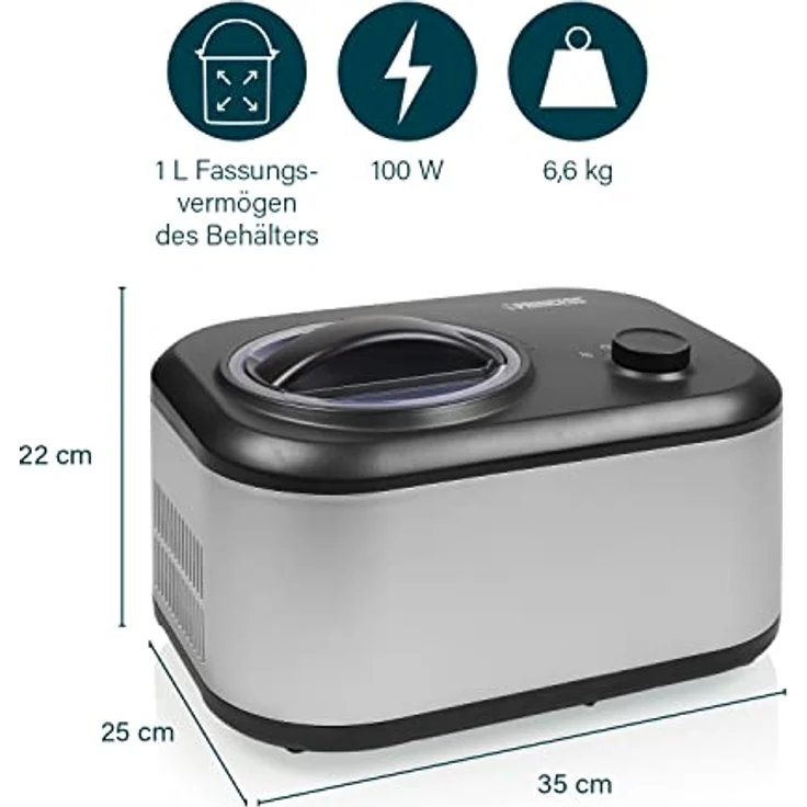 Princess 282608 Eismaschine mit Kompressor, inkl. Kühlaggregat, 1l, 100W, fertig in 60 Minuten, schwarz, silber – Bild 3