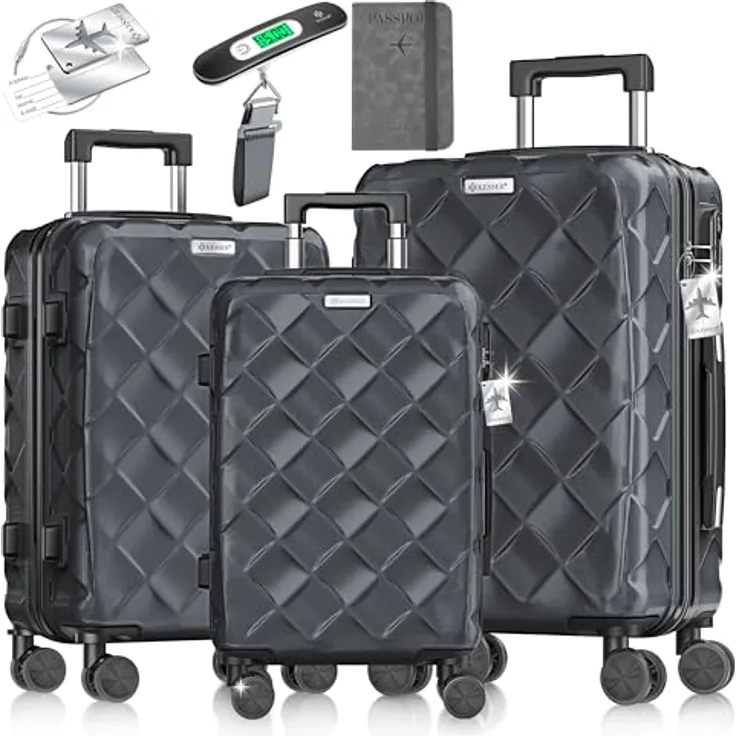 KESSER® Reisekoffer Set 3-teilig, ABS Hartschalenkoffer mit Zahlenschloss, Kofferwaage & Reisebrieftasche, 360° Rollen, Handgepäck & große Koffer für Business & Reisen, Charcoal