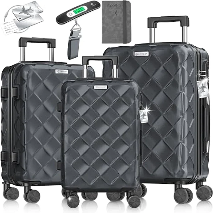 KESSER® Reisekoffer Set 3-teilig, ABS Hartschalenkoffer mit Zahlenschloss, Kofferwaage & Reisebrieftasche, 360° Rollen, Handgepäck & große Koffer für Business & Reisen, Charcoal – Bild 1
