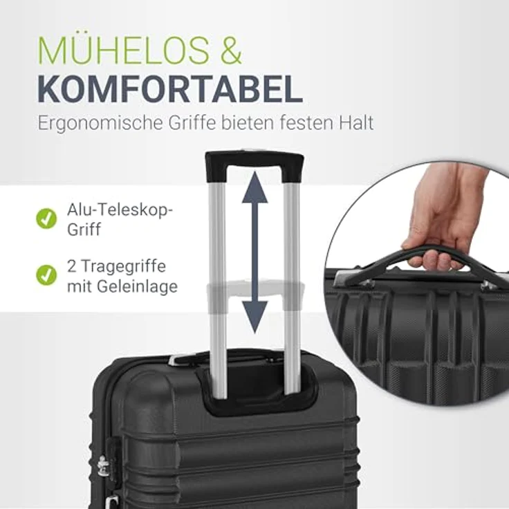 Juskys Hartschale Kofferset 3-teilig, Reisekoffer mit Zahlenschloss, geräuscharmen 360° Rollen, Teleskopgriff, leicht, Schwarz – Bild 3