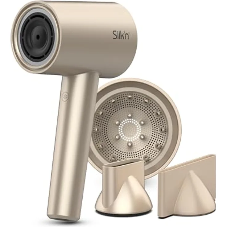 Silk'n Haartrockner I SilkyAir Pro HDB003 I Premium Föhn mit bürstenlosem Motor und Wasser-Ionen-Technologie I 3 Aufsätzen, hitzebeständiger Matte und Reiseetui, 1600 W, Champagner