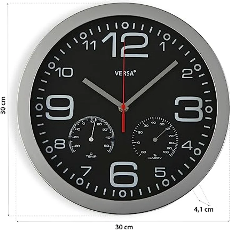 Versa Pamuk Wanduhr - Leiser und dekorativer, für die Küche oder das Wohnzimmer mit Hygrometer und Thermometer, Maßnahmen (H x L x B) 30 x 4,1 x 30 cm, Aluminium und Glas, Farbe: Silber und Schwarz – Bild 5