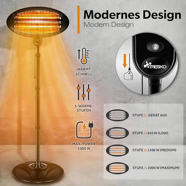 TRESKO Infrarot Stand-Heizstrahler 2000W | Wärmestrahler Terrasse elektrisch mit 3 Heizstufen | Terrassenstrahler Innen & Außen | Infrarotstrahler mit LED-Anzeige – Bild 2