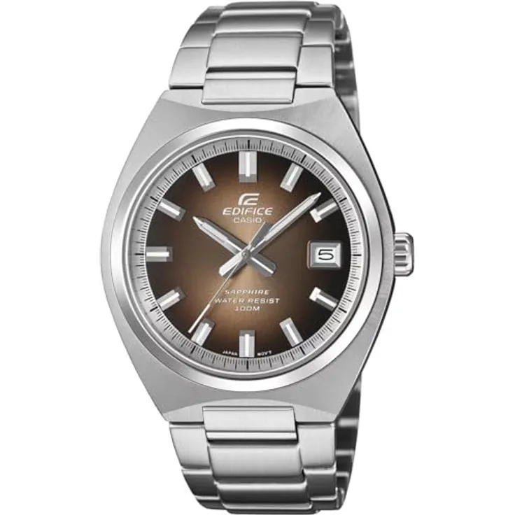 Casio EFB-109D-5AVEF, Herrenuhr im Motorsport-Stil mit analogen 3-Zeigern, silbernes Edelstahlarmband und braunem Zifferblatt, wasserdicht bis 10 bar