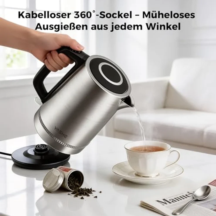 YASHE Wasserkocher Edelstahl 1,7L, 2200W, kabellos mit 360° Basis und Kalkfilter – Bild 7