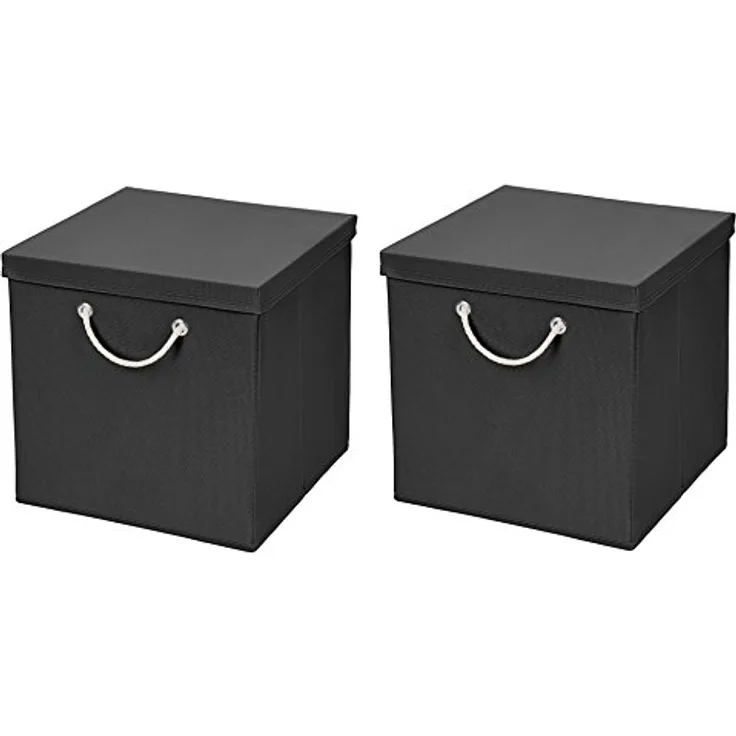 CM3 2 Stück Schwarz Faltbox 30 x 30 x 30 cm Aufbewahrungsbox faltbar mit Kordel und mit Deckel