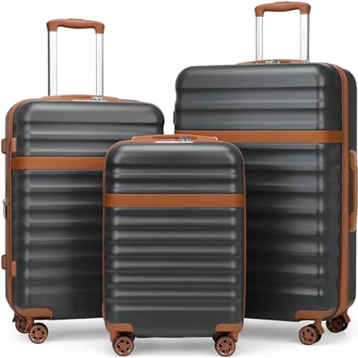 KONO Koffer Trolley Kofferset 3-teilig, Hartschalenkoffer aus ABS+PC, Grau/Braun, 4 Rollen, TSA Schloss – Bild 1