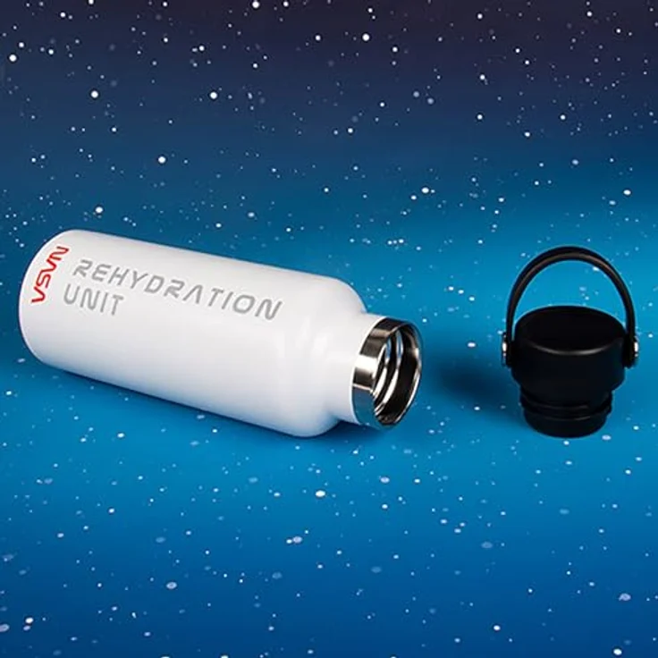 Fizz Creations NASA Wasserflasche, 500 ml Fassungsvermögen, Metall, doppelwandige Heiß- oder Kaltgetränkeflasche. Hält Temperatur für bis zu 8 Stunden. NASA SPACE inspirierte Rehydrationseinheit, silber – Bild 1