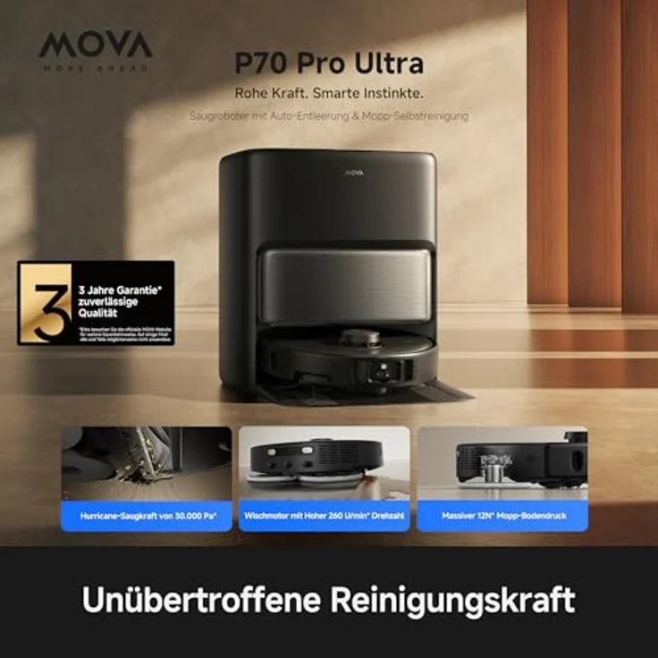 MOVA P70 Pro Ultra, Roboterstaubsauger & Wischmopp, 30000Pa, LDS Navigation, RGB AI Hindernisvermeidung, Selbstreinigende Basis, Schwarz – Bild 2