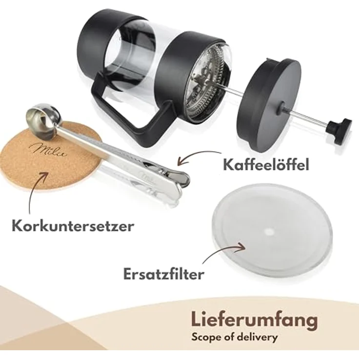 Milu French Press Kaffeebereiter | 1L | Glas Kaffeepresse, Kaffeezubereiter für Zuhause Reisen Camping inkl. Untersetzer, Löffel, Ersatzfilter (Schwarz, 1000ml (5 Tassen) – Bild 5