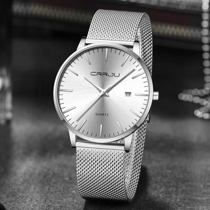 CRRJU Ultra Dünne Herren Uhr, Wasserdicht mit Schwarz Edelstahlarmband Mesh, Analog Quarz, Business Stil, Silber – Bild 3