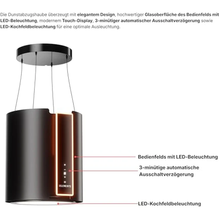 KB ELEMENTS Inselhaube, freihängende Dunstabzugshaube mit 1000 m³/h Saugleistung, Brushless-Motor, Fernbedienung und Touch-Gestensteuerung – Bild 3