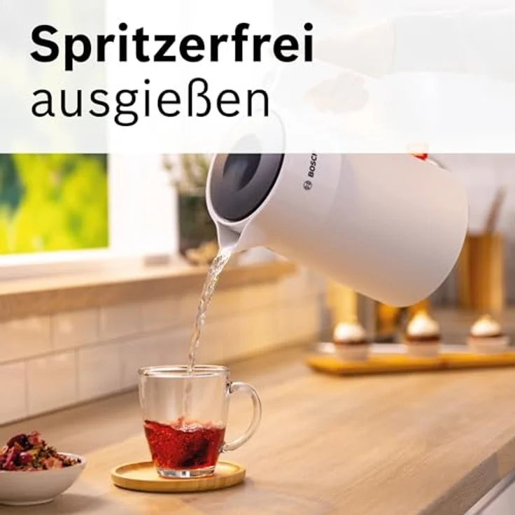 Bosch kabelloser Wasserkocher My Moment TWK2M161, Abschaltautomatik, Überhitzungsschutz, Tassenanzeige, entnehmbarer Kalkfilter, Trockengehschutz, Dampfstopp-Automatik, 1,7 L, 2400 W, Weiß matt – Bild 4