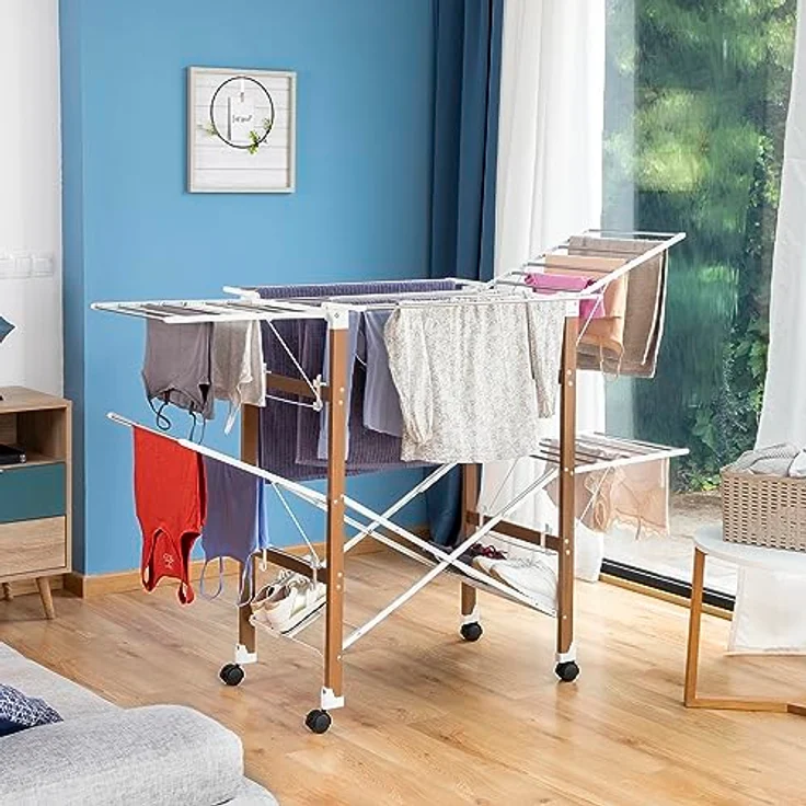InnovaGoods Wäscheständer HOCHQUALITATIVER WÄSCHESTÄNDER KLAPPBAR 38 STANGEN PLATZSPAREND, Weiß und Braun mit Holzeffekt – Bild 9
