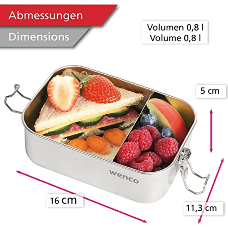 Wenco Premium Lunchbox aus Edelstahl, Mit 2 Fächern, Brotdose mit 800 ml Fassungsvermögen (650 ml Netto-Inhalt), Wasserdicht, Spülmaschinengeeignet, inkl. Ersatz-Silikonring, 15 x 11,3 x 5 cm, Silber – Bild 5