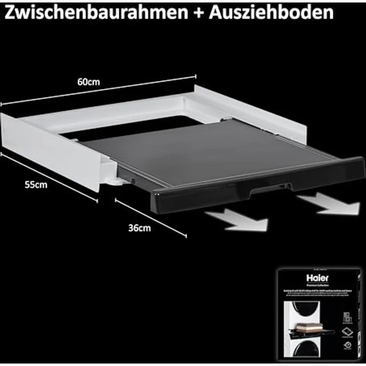 Haier Premium Verbindungsrahmen für Waschmaschinen & Trockner/Schwarz-weiß/Ausziehfläche für Wäschekorb/12 kg Belastbarkeit/Sicherheitsgurt/Wandbefestigung/Passend für Haier Serien 3, 5, 7 & Trockner Serien 5, 7 – Bild 2