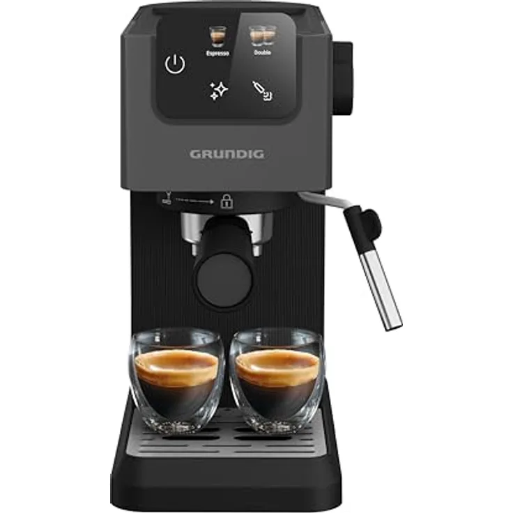 GRUNDIG KSM 4330 Siebträgermaschine mit Milchaufschäumdüse, Espressomaschine, für gemahlenen Kaffee, abnehmbarer Wassertank, Touch-Display, 1626 W Leistung, Memory Funktion, Schwarz
