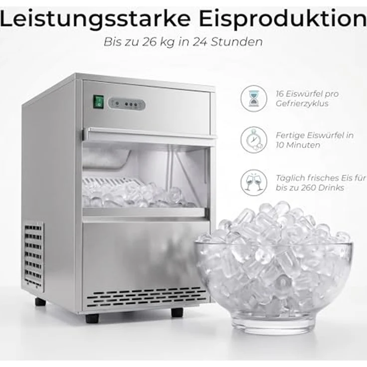 KLAMER Power Eiswürfelmaschine 26 kg/24h, vollautomatisch, Edelstahl, hygienischer PU-geschäumter Eisbehälter für Gastronomie – Bild 3