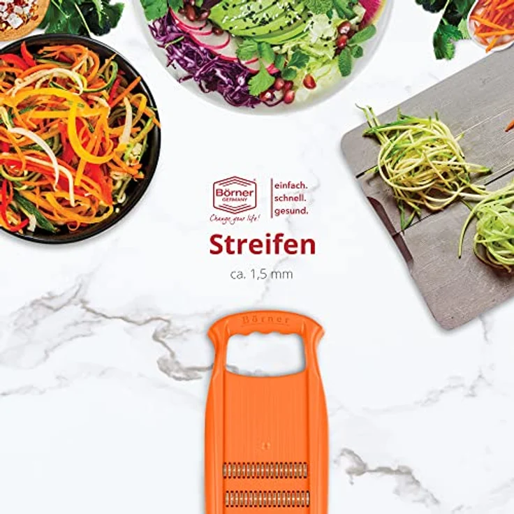 Börner Roko PowerLine Gemüseschneider • Streifenschneider für Obst & Gemüse • Julienne Schneider für feine Streifen • Gemüsehobel fein • Küchenhobel (Orange) – Bild 4