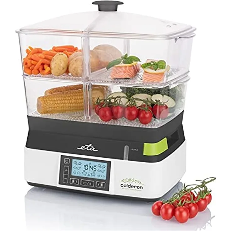 ETA Elektrische Dampfgarer Calderon 2 - 2 Transparente Behälter zum Kochen und 6 Automatische Programme für Gesunde Essenszubereitung, 11l