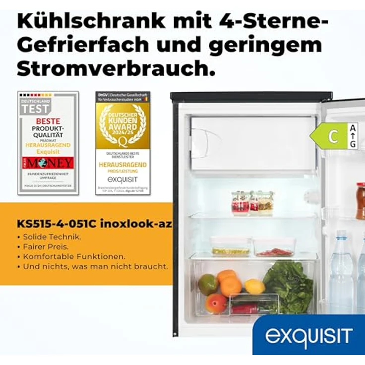 Exquisit KS515-4-051C, Kühlschrank mit Gefrierfach, 107l Nutzinhalt, 4-Sterne-Gefrierqualität, 2 Glasablagen, 37 dB, inoxlook – Bild 2