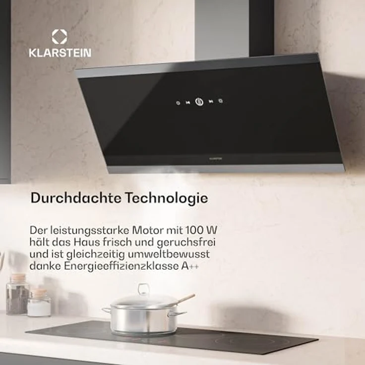 Klarstein FlashLine Dunstabzugshaube – 90 cm Kopffreihaube, Touchscreen, 524 m³/h, A++ Energieeffizienz, LED-Beleuchtung, 34,5 dB, Schwarz, Abluft- und Umluftbetrieb – Bild 3