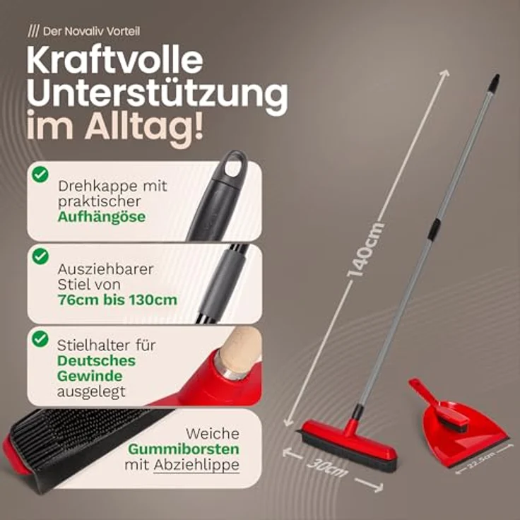 Novaliv Kehrgarnitur 19706-19705-19522, Gummibesen mit Teleskopstiel und Kehrgarnitur für Friseure, vielseitig einsetzbar auf verschiedenen Bodenbelägen, Made in Germany – Bild 2