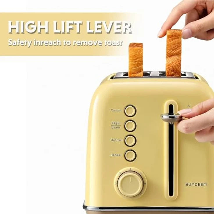 Buydeem DT620-MY, Toaster mit 900 Watt, Edelstahlgehäuse, Aufwärm- und Auftaufunktion, Gelb – Bild 4