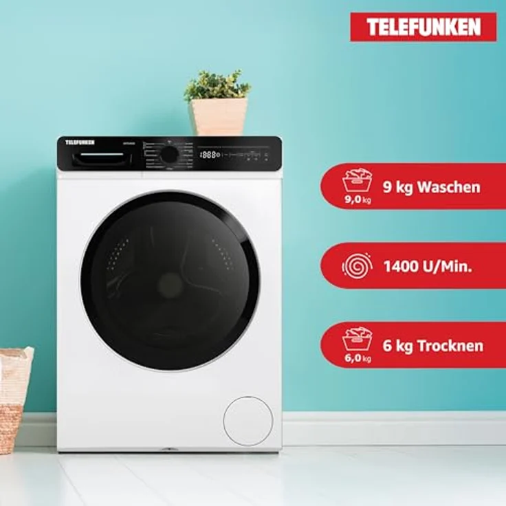 Telefunken Waschtrockner Kombi, 9 kg Waschen / 6 kg Trocknen, 1400 U/Min, Inverter Motor, 15 Programme, AquaStop, energiesparend, weiß – Bild 2