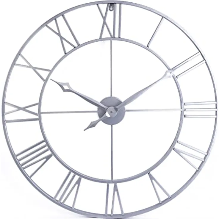 Samilito Große Wanduhr im Vintage-Stil, rund, geräuschlos, Silber. Gratis dazu EIN Extraset Uhrzeiger in Schwarz. Die Metalluhr für Loft, Wohnzimmer, Schlafzimmer und Küchendekoration (76 cm)