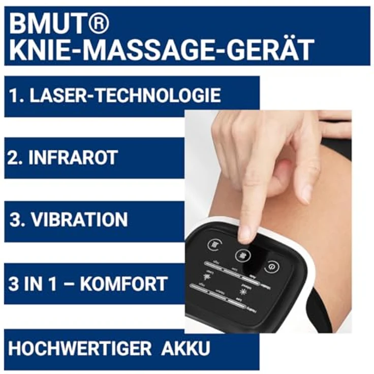BMUT 3in1 Knie-Massagegerät, kabellos mit Tiefenwärme & Vibrationstherapie, 3 Heizstufen, Infrarot & Laser, USB-Akku - für Schmerzlinderung & Entspannung – Bild 2