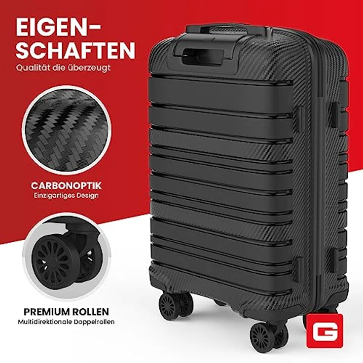 GENTOR Koffer Reisekoffer mit Rollen Carbonoptik Hartschalenkoffer Trolley Handgepäck mit TSA-Schloss Rollkoffer Leicht Travel Klein Handgepäck (Schwarz, M) – Bild 3