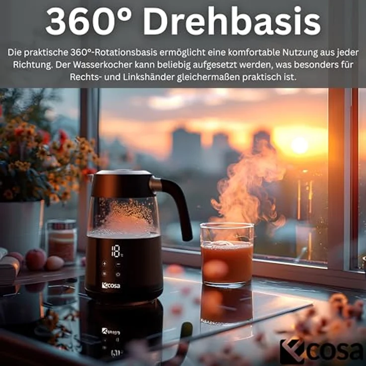 ecosa Wasserkocher EO-699, 1.7 l, 2200 W, digitales Farb-Touchdisplay, 13 Temperaturstufen, Warmhaltefunktion, Kalkfilter, Borosilikatglas – Bild 7